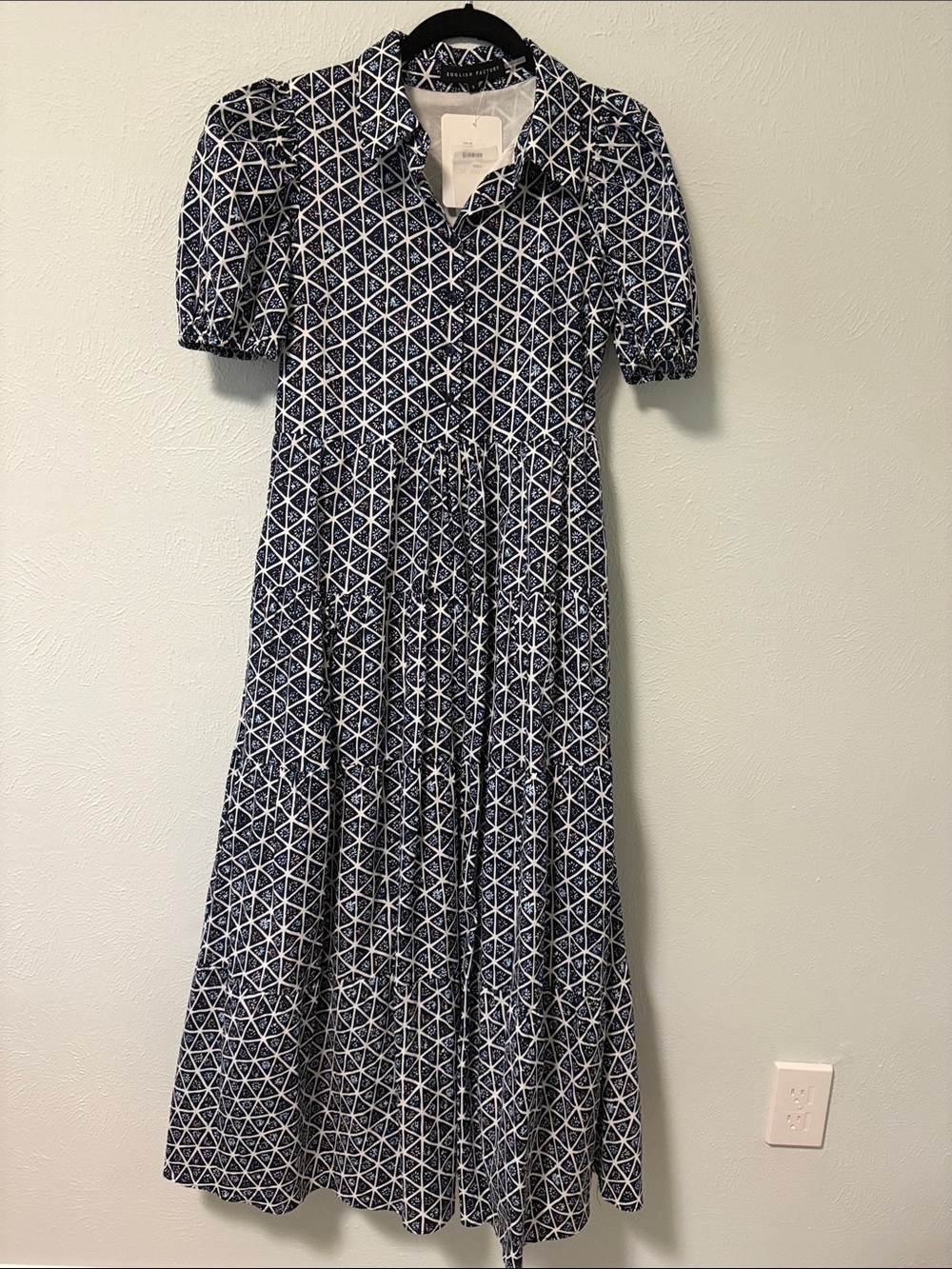 English Factory Navy and White Geometric Maxi Dress